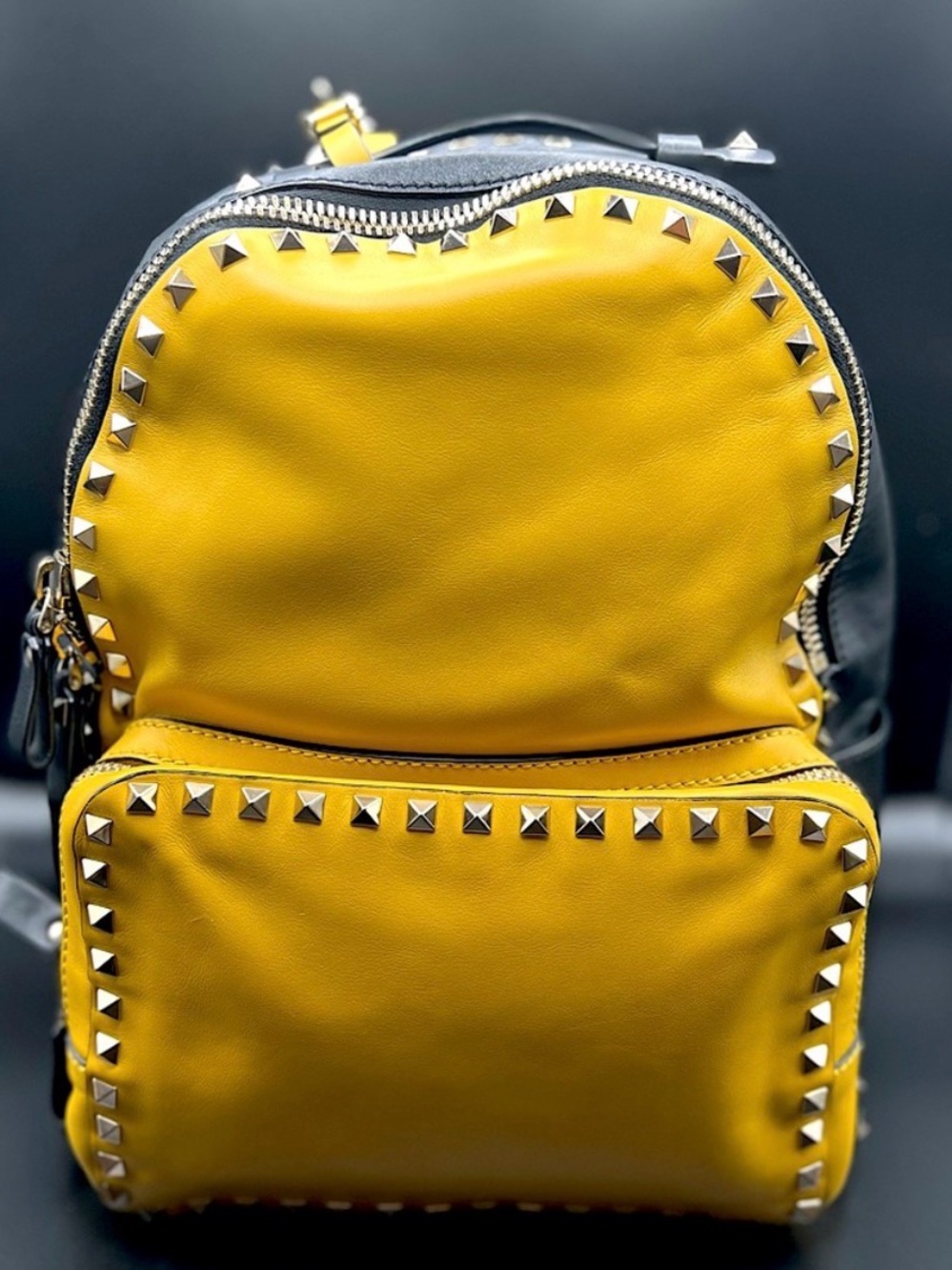Luxury Valentino Garavani Yellow and Black Studded Leather Backpack Large Size